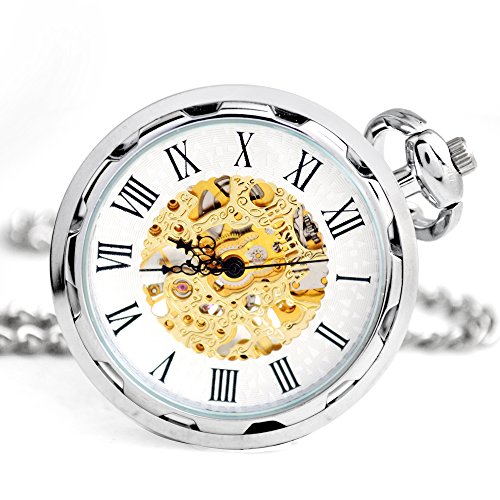 BOSHIYA Mens Vintage Skeleton Pocket Watch Steampunk Windup Half Hunter Mechanism Gear Cover with Chain Box BOSHIYA Mens Vintage Skeleton Pocket Watch Steampunk Windup Half Hunter Mechanism Gear Cover with Chain Box