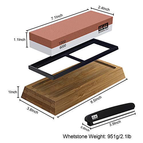 Whetstone Knife Sharpening Stone Set, Premium 2-Sided Whetstone Sharpener 1000/6000 Grit Whetstone Kit with Non-Slip Bamboo and Silicon Base Angle Guide for Chef Knife, Kitchen Knife, Hunting Knife