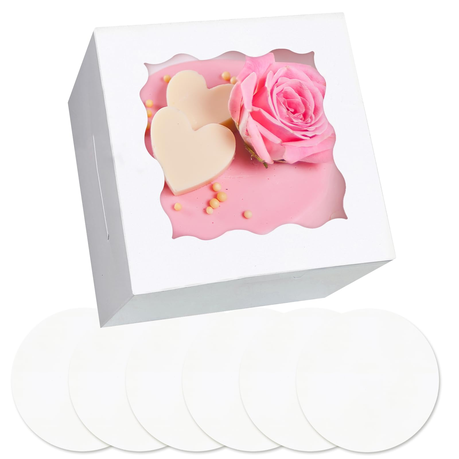 Gcardist 6x6x5 Inch Cake Box, 5 Sets White Cake Box with Window ＆ 5 Sets 6 Inch White Cake Round Boards, Cake Containers(15.24x15.24x13cm)