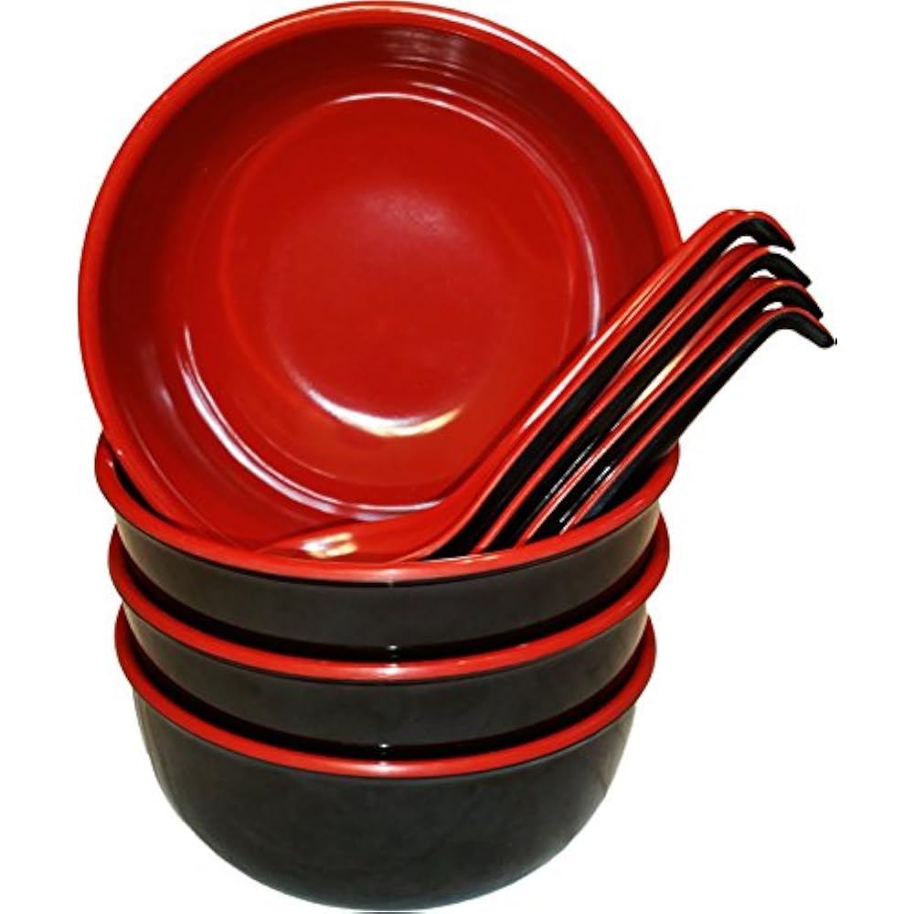 Soup Bowls Set Of 4 Large Melamine Noodle And Spoons Red Black 28
