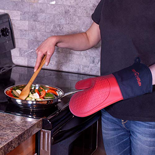 Red Silicone Pot Holder Oven Mitts - 1 Pair of Extra Long Professional Heat Resistant Pot Holder & Baking Gloves - Food Safe, BPA Free FDA Approved With Soft Inner Lining