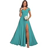 vintys Women's Off Shoulder Ruched Bridesmaid Dresses Long with Pockets Slit Chiffon Formal Evening Dress VS180