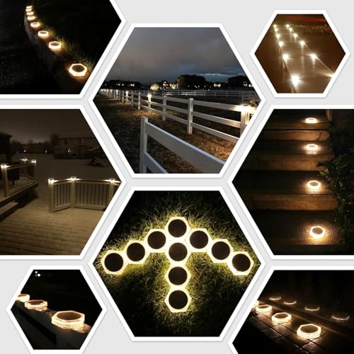 YiLaie Twilight Solar Lights Outdoor Garden 20 LEDs, 10 cm Solar Beacon Hexagonal Ground Adhesive Lighting 360°, IP68 Waterproof for Path, Parking, Stairs, Sidewalk, Warm White (8 Pack)