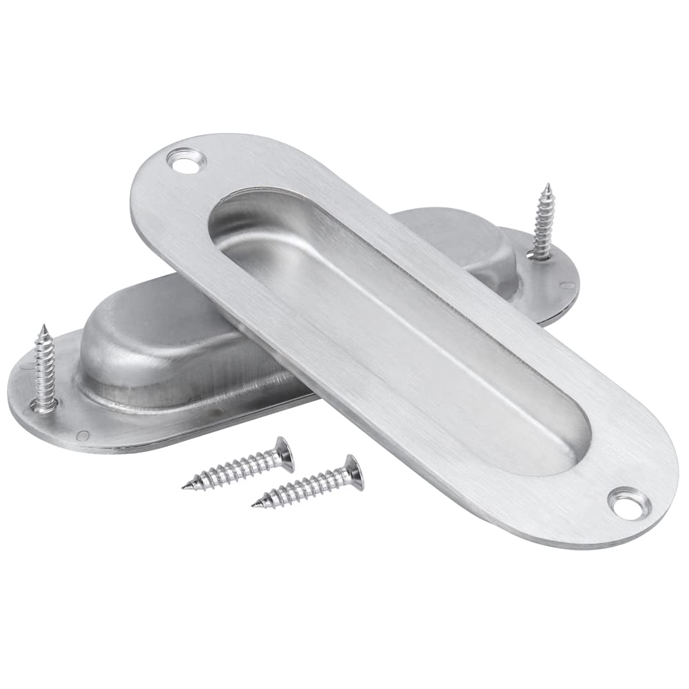 Mesee 2 Packs Flush Sliding Door Handles with Fixing Screws, Stainless Steel Recessed Oval Drawer Pull Handle Concealed Finger Pulls for Wardrobes Cabinet Doors Knob