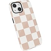 LoeoeL Checkered Phone Case for iPhone 14 iPhone 13 Case Hard Shell, Girly Cute Aesthetic Plaid Checkers Print Cover for Women, Thin Slim Trendy Checkerboard Design Glossy Plastic, Tan Brown White