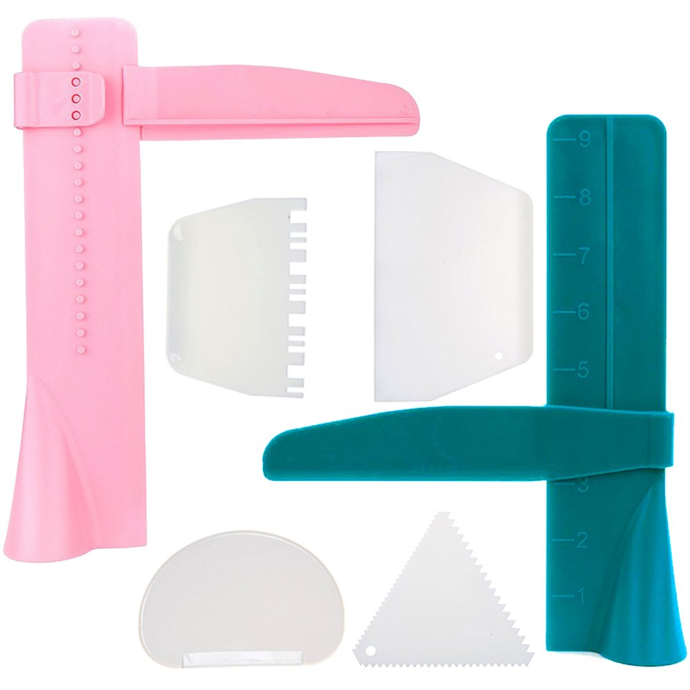 FineGood 2 Pcs Adjustable Cake Decorating Smoothing Tools with 4 Squeegees (Green,Pink)