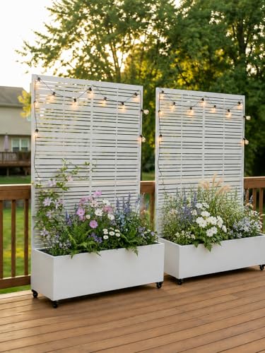 Hochbeet mit Sichtschutz, Metall Pflanzkasten mit Rankgitter und Rollen, freistehender Pflanzkübel 33cm tief, wetterfest für Blumen und Kletterpflanzen - Ideal