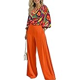 CHICME Women's 2 Pieces Outfit Abstract Print Cowl Neck Lantern Sleeve Crop Top and Wide Leg Pants Set