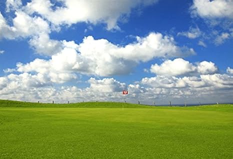 Laeacco Green Golf Course Land Background 7x5ft Sports Balls Flag Green Field Blue Sky White Cloud Nature Spring Outdoor Match Backdrops For - 