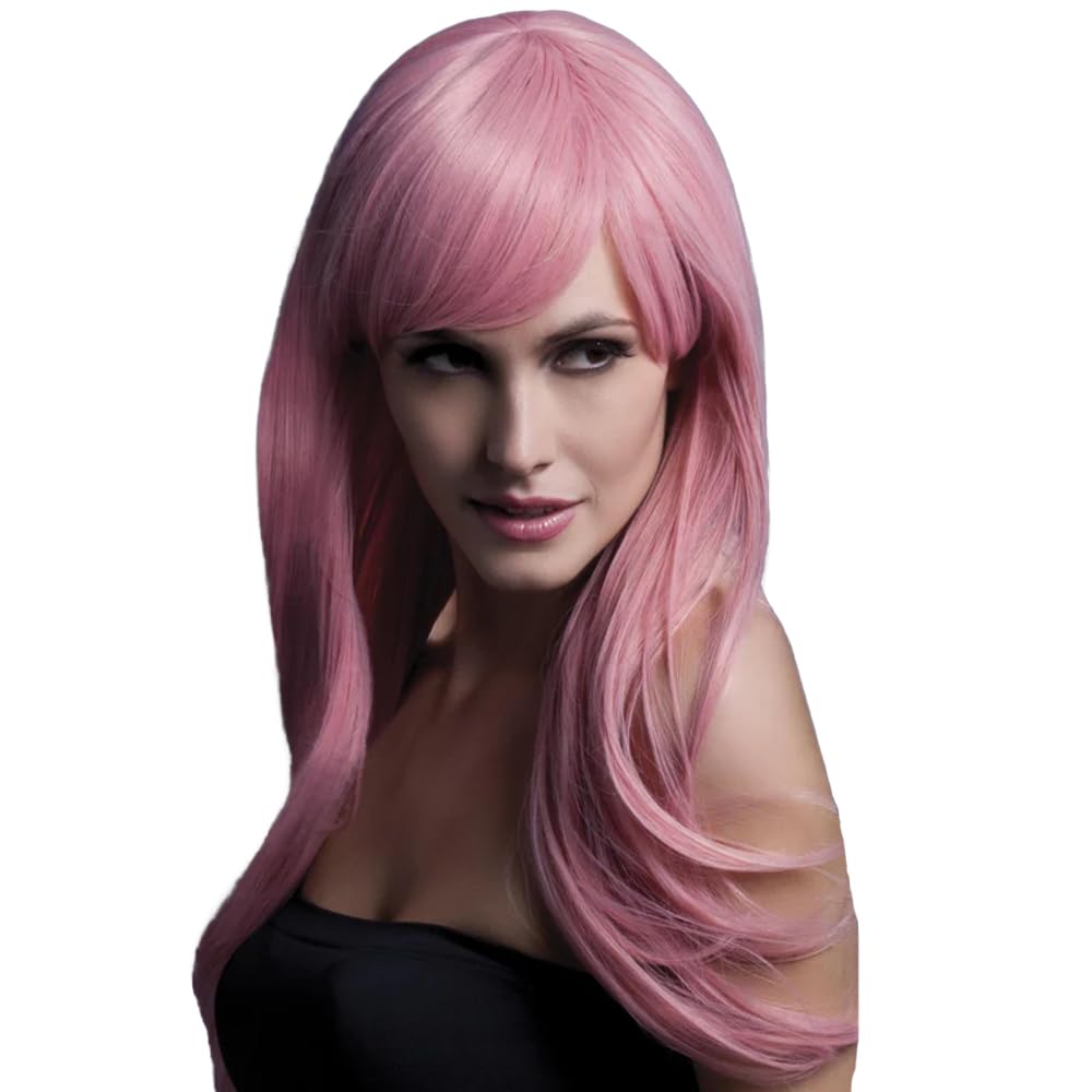 Smiffys Fever Sienna Wig, Pastel Pink Long Feathered with Fringe, 66cm / 26in, Fever Wigs Fancy Dress, Fever Dress Up Wigs — image 1