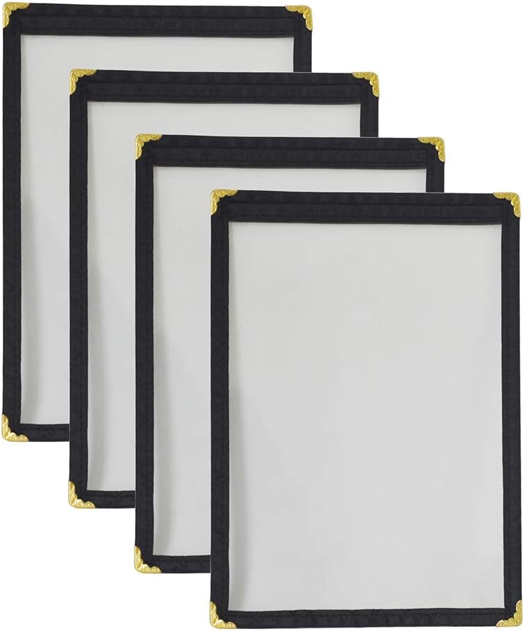 L LIKED American Style Menu Cover Book- Black Nylon with Gold Corner Protectors - Shows 2 Pages Menu Holder Set of 4 (A5)