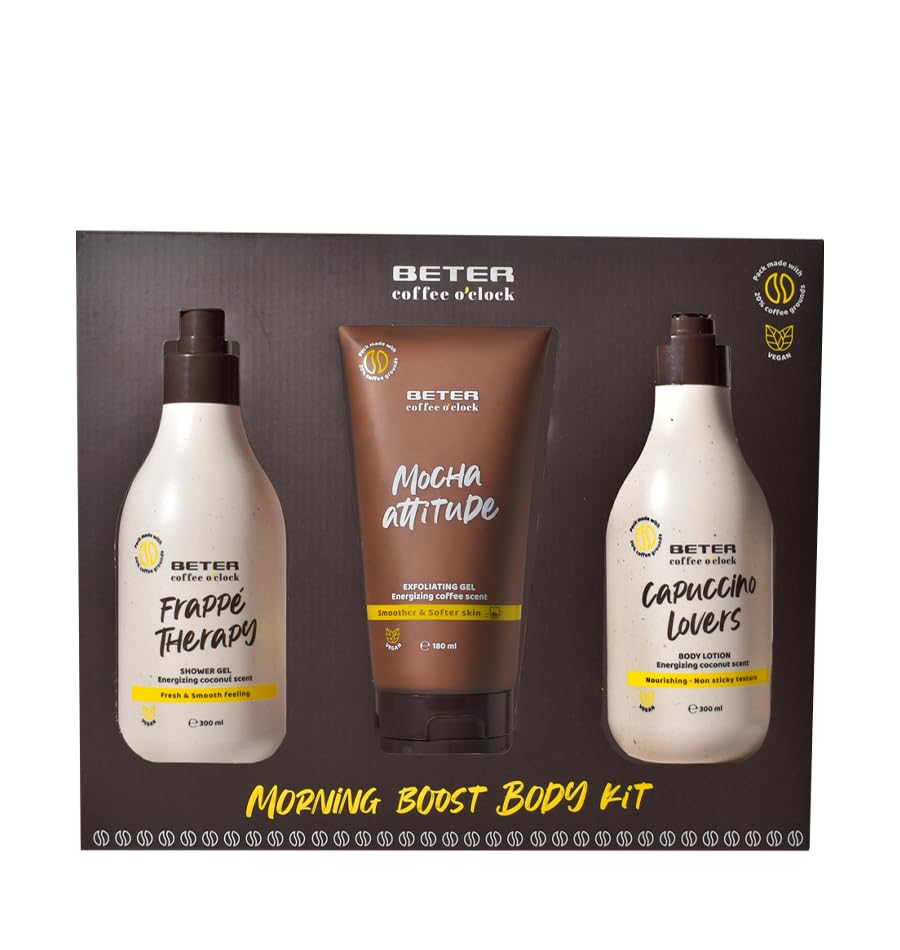 Beter - Coffee O’clock Body Care Set 3-Piece Shower Set with Bath Gel, Body Lotion, and Exfoliating Gel, Coffee and Coconut Scent, Bath Set for Women, Vegan Formulas, Gift Set