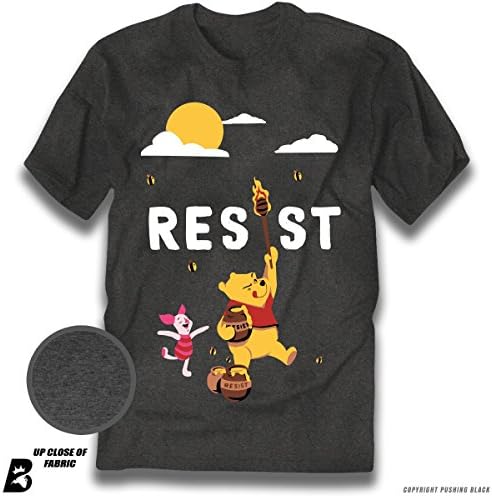 Pushing Black 'Resist' Winnie The Pooh Bear and Piglet Premium Unisex T-Shirt (Medium, Dark Heather)