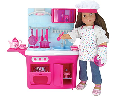 18 Inch Doll Kitchen and Doll Food Baking Accessory Set of 19 Pieces American Girl Doll Sized, Doll Cookware and Kitchen Set by Sophia s With Lights & Sounds!