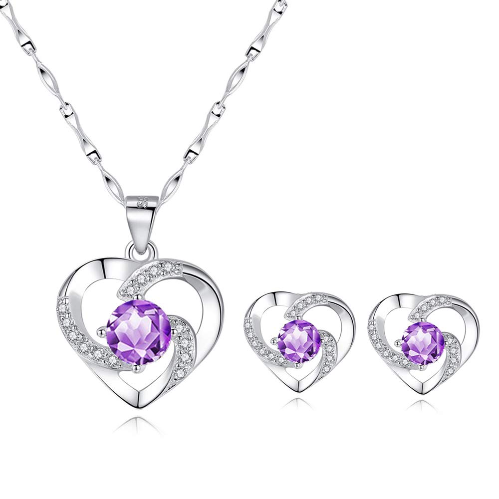 wynn's Silver Jewellery Set for Women, 925 Sterling Silver Heart Stud Earrings, 45cm Silver Necklace Pendant Set with Purple Cubic Zirconia, Gift for Girlfriend Mother Wife — image 1