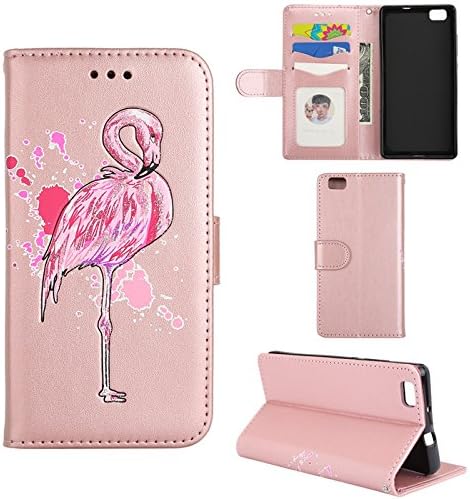 Aipyy Huawei P8 Lite Case,[Card Slots] Wallet Folio Style PU Leather Glitter Powder Flamingo Emboss Flip Case Kickstand Cover &amp; Magnetic Closure for Huawei P8 Lite (5.0") 2015 [Rose Gold]