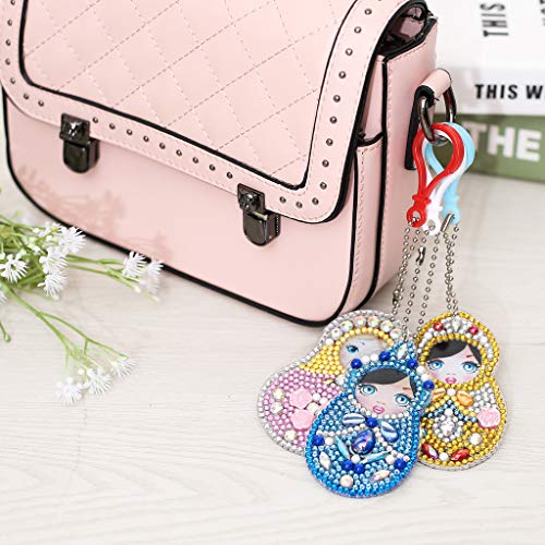 2019 New Gift! Set of 5 Diamond Painting Keychain, 5D Mosaic Making DIY Full Drill Special Shape Diamond Painting Beauty Doll Keychain Key Ring Phone Charm (Set of 5 Doll)