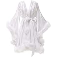 Yexinbridal Feather Fur Robe Silk Satin Bridal Dressing Gown Sexy Illusion Lingerie Nightgown Bathrobe Sleepwear