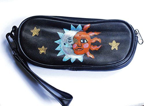 Boho Sun Moon Stars Black Leather Wristlet Eyeglass Sunglass Case Bohemian Accessories for Women