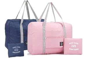 INVODA Foldable Travel Duffel Bag 2PCS Tote Carry on Luggage Bag Spirit Airlines Personal item Sports Gym Bag Water Resistant Weekender Overnight Bags for Women and Men (Pink+Blue)