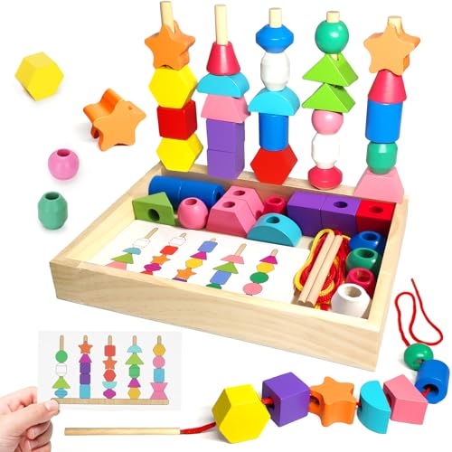 Chithor Montessori Games 3 in 1 Wooden Lacing Beads Toys, Stackable, Thread Toy, Sorting Toys, Activity Child Educational Game, Child Toy Gift Girl Boy 2 3 4 5 Years Old