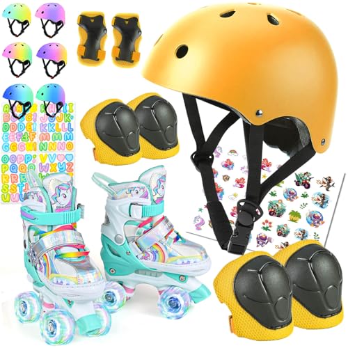 Kids Bike Helmet and Pads and Roller Skates for Girls Boys 4 Size Adjustable Protective Gear Set with Elbow Knee Pads Wrist Guards Rollerskate