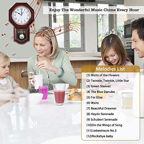 WallarGe Pendulum Wall Clock,Grandfather Wall Clock,19" x 11.5",Battery