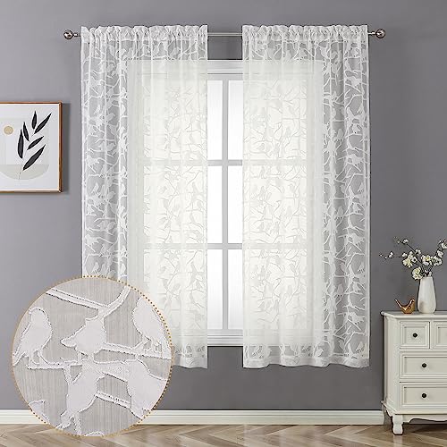 OVZME Anji Sheer Ivory Curtains 63 Inches Long, Light & Airy Privacy Textured Drapes, Dual Rod Pocket Soft Voile Clipped Birds Luxury Panels for Kid Bedroom Living Room, W38 x L63, 2x38x63/''