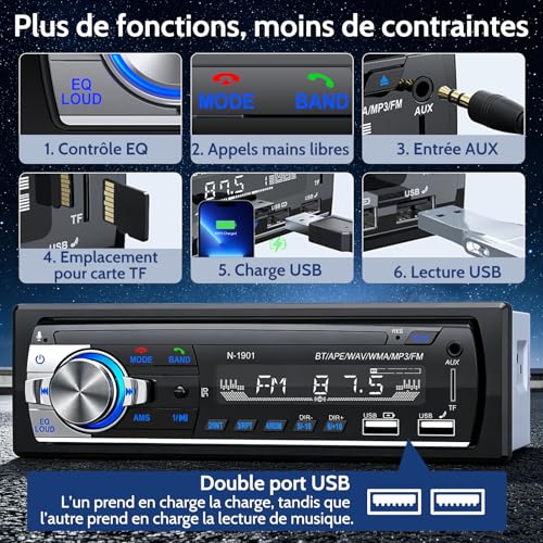 Wistrue FM Bluetooth Car Radio with 2 USB, 1 Din Car Radio Support AUX/SD/TF/MP3, Compatible with iOS/Android