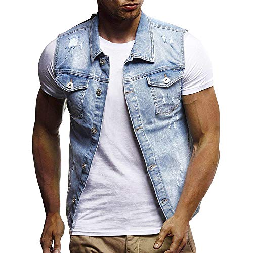 Men Denim Jacket,Vanvler Male Destroyed Waistcoat Blouse Autumn Winter Sleeveless Vest Top Fashion Clearance Sale (M, Blue)