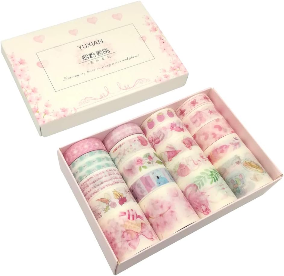 Washi Tape Set 20 Rolls Kawaii Pink Stuff Strawberry Flower Bowknot Color Feather Lollipop Fruit Heart Cartoon Rabbit Floral Sticker DIY Label for Stationery Art Craft Scrapbook Gift Box Letter Album