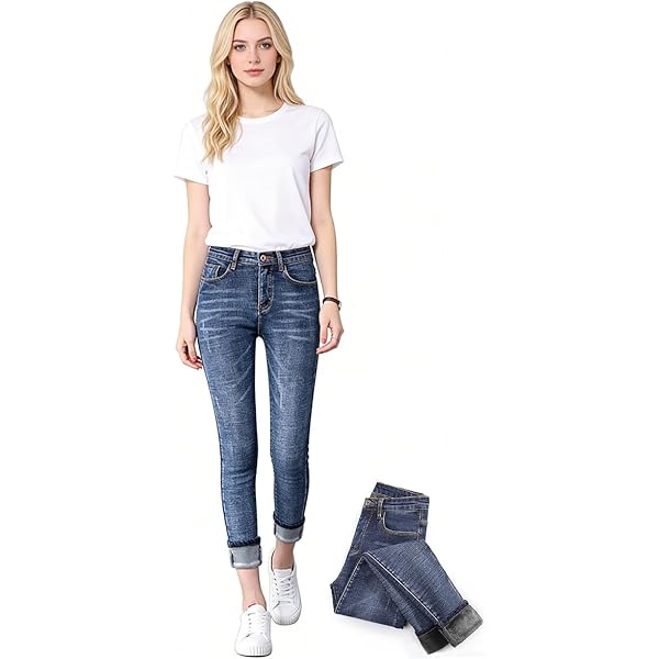 KDF Jeans Con Forro Polar Para Mujer, Cintura Alta, Pierna