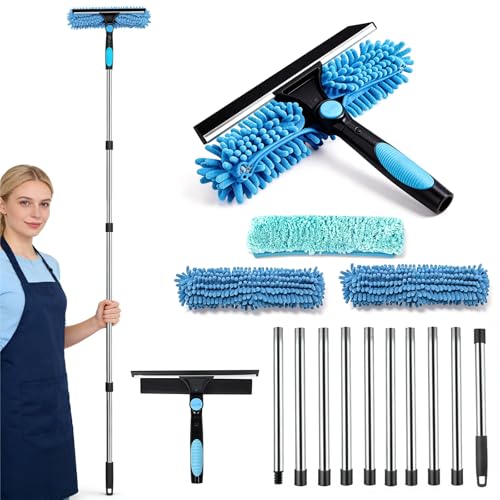Telescopic Glass Cleaner, 10 Sticks, 0.13-4 m, 180° Rotating Head, Replacement Cloth, Chenille and Brush, for Roofing Terraces, Greenhouses, Skylights, Large Glazed Surfaces | For high windows, shower, car, mirror, microfibre covers, professional quality