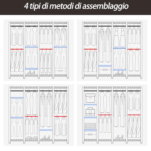 AQRA Metal Coat Stand, Adjustable Shelf Height, Large Capacity Wardrobe, 4 Assembly Methods, for Hanging Clothes, Storage, 193.5W×43.5D×195H (Black)