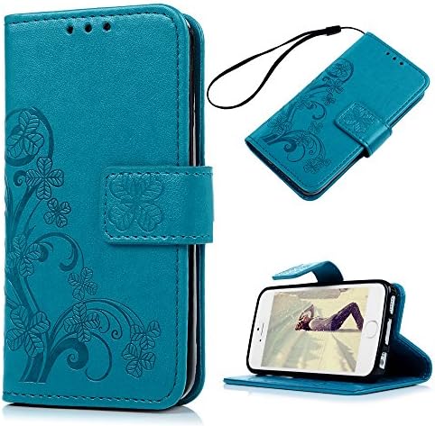 iPhone SE Case, iPhone 5S Wallet Case, iPhone 5 Case for Women,Mavis's Diary Elegant Blue Wallet Flip Case Embossed Clover PU Leather with Card Holders Wrist Strap [ Stand Feature ] for iPhone SE/5S/5