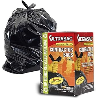 Contractor Bags by UltraSac - 42 Gallon (20 PACK /w FLAP TIES), 2.9in. x 3.95in. - 3 MIL Thick Large Black Heavy Duty Industrial Garbage Trashbags for Professional Construction and Commercial use