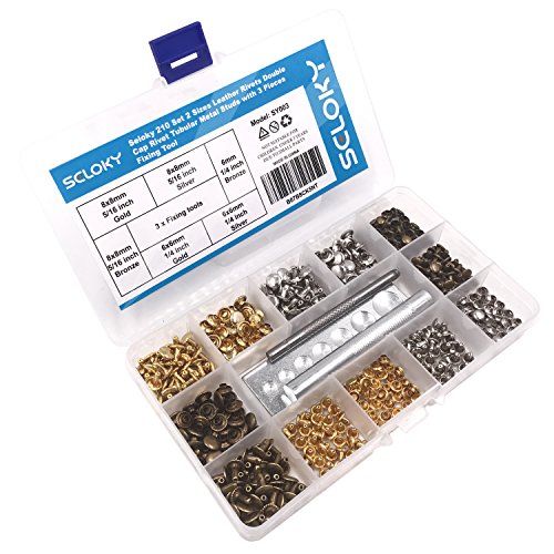 Seloky 210 Set 2 Sizes Leather Rivets Double Cap Rivet Tubular Metal Studs with 3 Fixing Tool Kit for Leather Craft Repairing Decoration,2 Sizes and 3 Colors (Gold, Silver and Bronze)