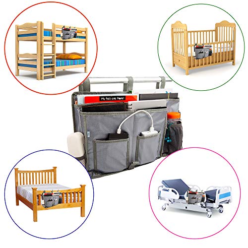KIBO Bedside Caddy Grey Color Hanging Organizer Bedside Storage Bunk and Hospital Beds, Dorm Rooms Bed Rails, Bag for Hanging on Shelf or Rail or Desk in The Room