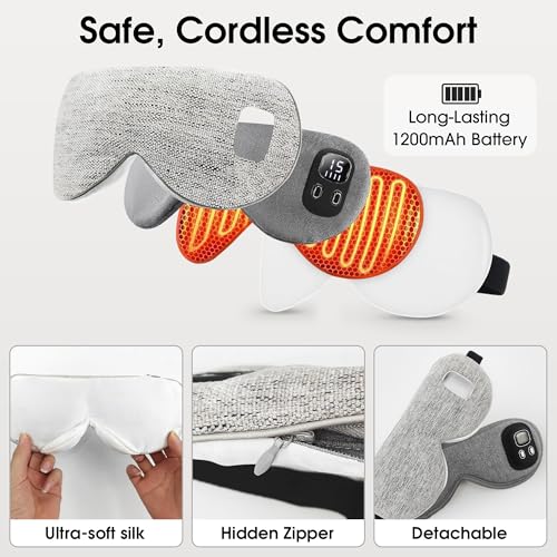 Heated Eye Mask, BOYUNSHI Cordless Eye Mask for Dry Eyes, Warm Eye Compress Eye Relief Improved Sleep with 4 Heat & 4 Timer, Washable Eye Heating Pad for Travel, 1200mAh Rechargeable Battery