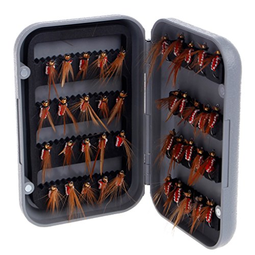 ULKEME 40Pcs Fly Fishing Lure Flies Hooks Feather Baits Fishing Tackle With Box Tool