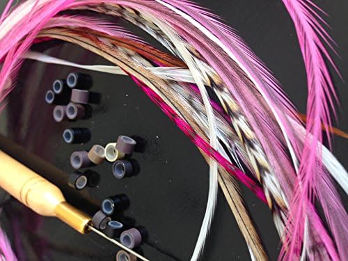 100 % Real feather hair extension kit 21 pcs 10 feathers 6-11" Long by 'Exotic Feathers' The 'Pink Panther' Collection.