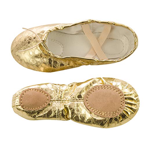 XJX Girls Leather Ballet Dance Shoes Split Sole Ballet Slipper Yogu Shoes Gold 01 30