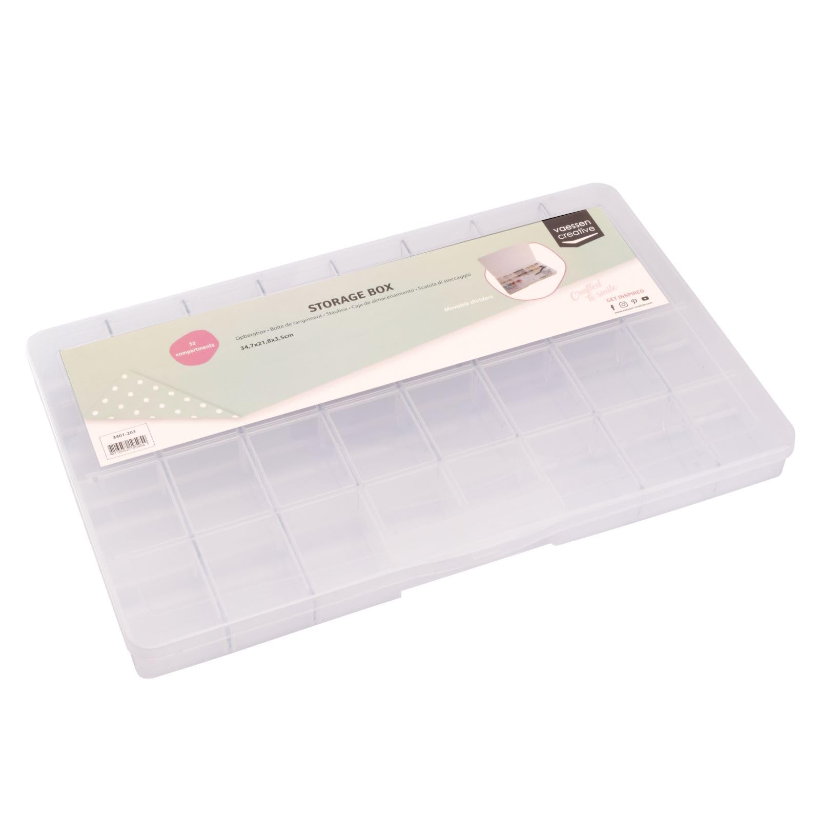 Vaessen Creative Plastic Storage Box with Lid - 34,7 x 21,8 x 3,5cm - 32 Compartments - Transparent Organiser for Sewing, Diamond Art, Small Accessories and Craft Supplies