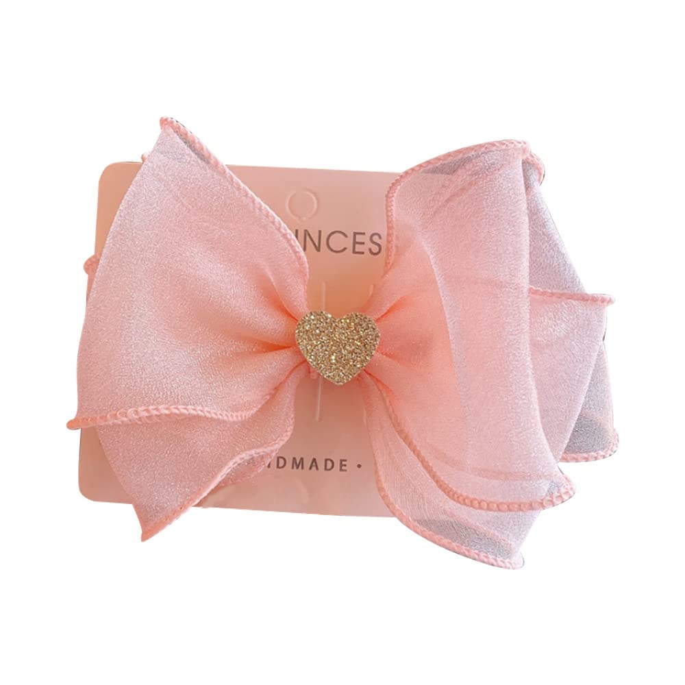 FEIFEI'S BOW Girls 5 Inches Princess Handmade Chiffon Heart Bow Hair Clip Alligator Clips Girls baby kids Infants Toddlers Ribbon Hair Accessories Barrettes (Pale Pink with Heart)