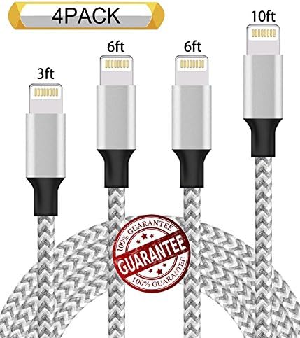 Zcen Lightning Cable 4Pack 3FT 6FT 6FT 10FT Nylon Braided Certified iPhone Cable USB Cord Charging Charger for iPhone X,8, 7, 7 Plus, 6, 6s, 6+, 5, 5c, 5s, SE, iPad, iPod, iPod Touch Grey White