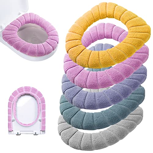 Legigo 5 Pack Thicker Bathroom Toilet Seat Cover Pads- Soft Warmer Toilet Seat Cushion Cover Stretchable Washable Fiber Cloth, Easy Installation Comfortable Toilet Lid Seat Cover(Pumpkin Mix Color)