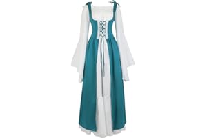 Lehauya Womens Renaissance Costume Medieval Irish Over Dress and Trumpet Sleeves Chemise Boho Set