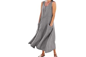 ZXCTKA Summer Dresses for Women 2024,Casual Linen Print Boho Sundress O Neck Sleeveless Pockets Beach Vacation Maxi Dresses