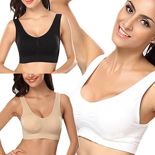 Women's Comfort Revolution Wire free Double Straps Yoga Sports Gym Running Bra with Removable Pads (Pack Of 3 Colors) (Classic Pack (Black, White &amp; Nude), Extra Extra Large)