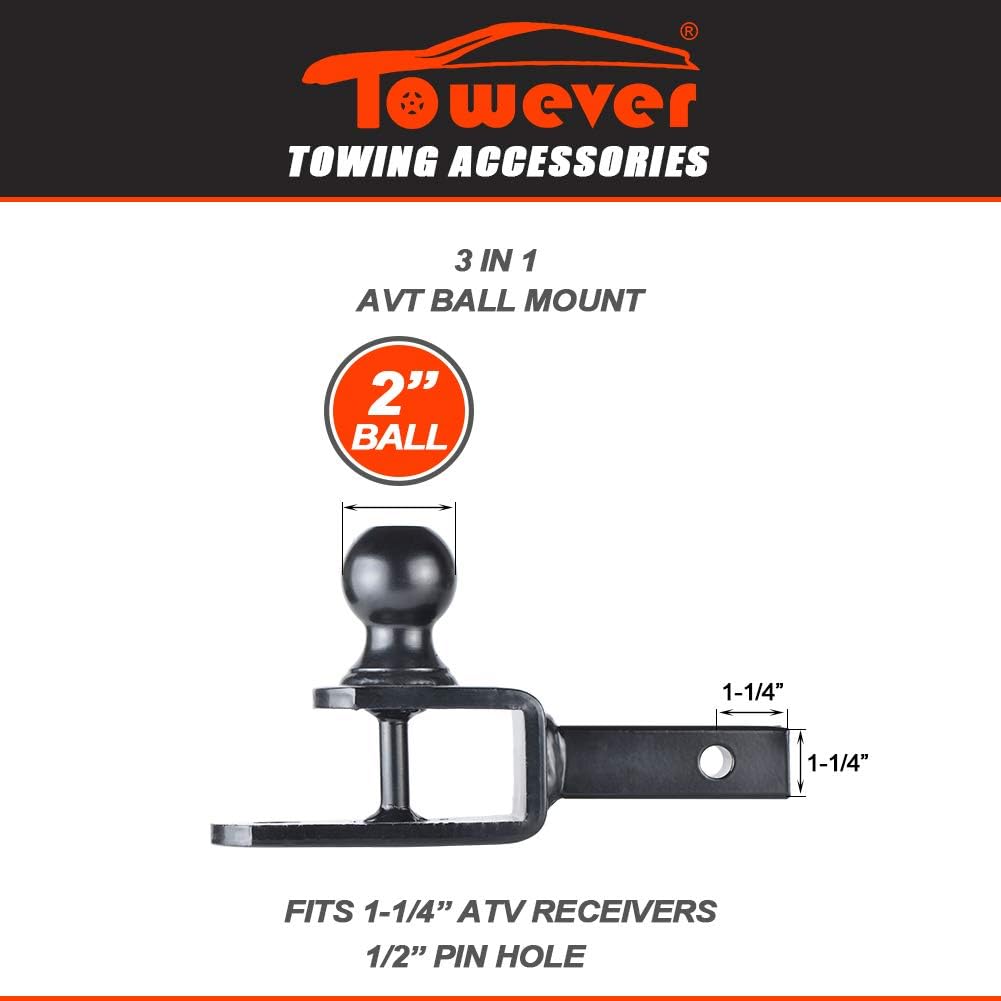 Towever 84031 ATV Hitch Ball Mount 2 inch Ball with 1-1/4 inch Solid Shank, with 1/2 inch Pin & Clip, Rated 2000 lbs: Automotive